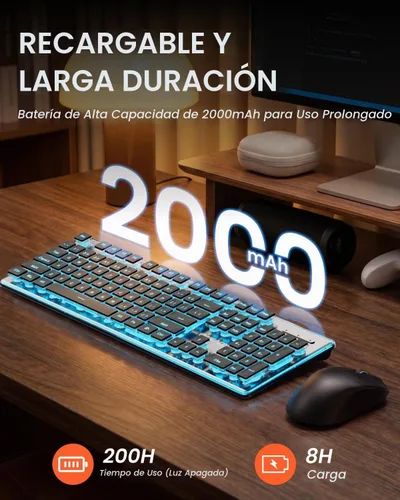 Vista 4 de SEUNKWANG EWEADN V3 Combo de Teclado y Mouse Inalámbrico con Retroiluminación Azul, Panel Metálico, Teclado y Mouse de Computadora Recargable