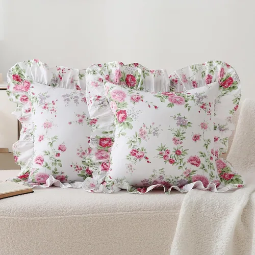 Vista 29 de Paquete de 2 fundas de cojines decorativos con volantes rosas de 18x18 pulgadas, 100% algodón estilo campestre francés rústico vintage, fundas