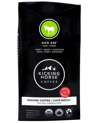 Vista 2 de Kicking Horse Coffee, Café Kick Ass de tueste oscuro, molido, 10 oz, orgánico certificado, comercio justo, kosher y café Smart Ass de tueste medio