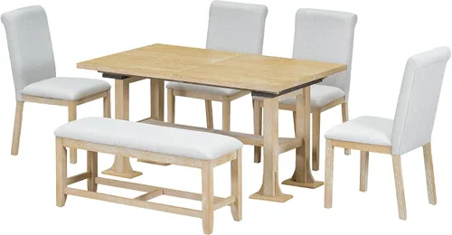 Vista 9 de Juego de mesa de comedor extensible de 6 piezas, juego de mesa de comedor para 6 personas con caballete de banco, juego de mesa de cocina con 4