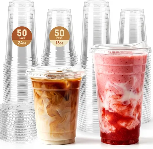 Vista 11 de Paquete de 25 vasos de plástico transparente de 16 onzas con tapas para sorber, sin BPA, aptos para alimentos, desechables, tazas de café helado