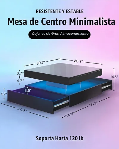 Vista 2 de FKWin Mesa de salón negra – Mesa de centro LED con luces, mesa de centro negra moderna contemporánea, mesa central cuadrada de superficie de alto