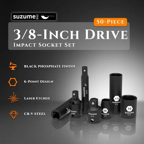 Vista 4 de SUZUME Juego de llaves de impacto de 3/8, acero Cr-V, 6 puntas, accionamiento de 3/8", 50 piezas métricas estándar (8-22mm) y SAE