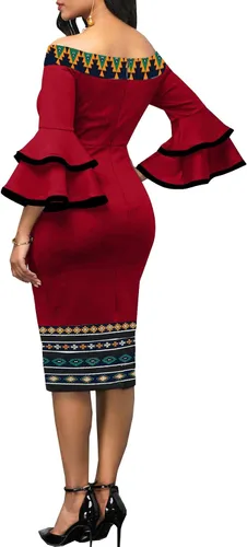 Vista 2 de Bttup Vestido casual de manga larga acampanada para mujer, con estampado de hombros descubiertos, manga de trompeta, vestido de fiesta