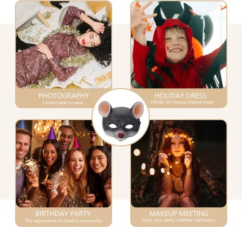 Vista 5 de NOLITOY Máscaras de cabeza de rata para adultos, máscaras de animales para disfraz de Halloween, accesorios de fiesta, máscaras faciales grises