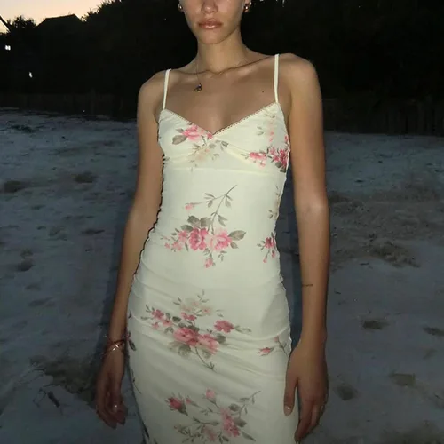 Vista 6 de HOXIJIA Vestido largo sin mangas para mujer, sin espalda, ajustado, estampado floral, tirantes delgados, vestido largo ahuecado de una sola pieza