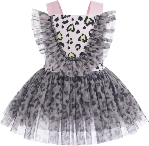 Vista 7 de IBTOM CASTLE Vestido de princesa tutú para niña pequeña con estampado de leopardo, dona, ratón, vestido de princesa con funda para pañales, conjunto