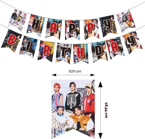 Vista 3 de Mercancía de Stray Kids, decoración de fiesta de 5 estrellas, incluye pancartas de feliz cumpleaños, adornos para pasteles, adornos para magdalenas