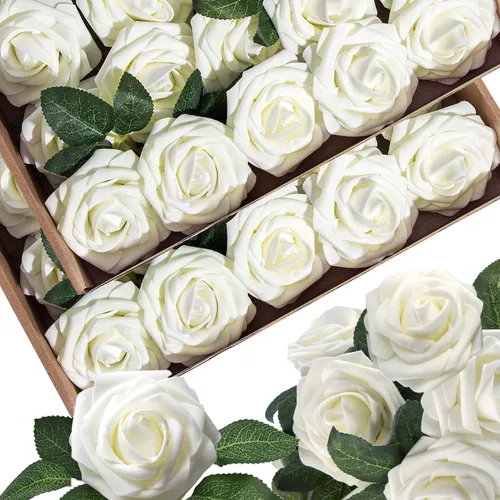 Vista 6 de 25 piezas Flores Artificiales de Espuma Rosas Falsas con Tallos 8 Hojas Rosas Sintéticas de Aspecto Real para Ramos de Boda Centros de Mesa de Negro