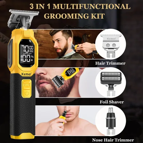 Vista 3 de KEMEI 1878 - Cortadora de barba para hombres, 3 en 1, afeitadoras para hombres, recortadora de pelo de nariz inalámbrica con cabeza extraíble