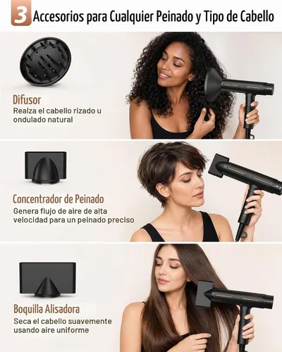 Vista 3 de Secador de pelo iónico con difusor, secado rápido y soplado