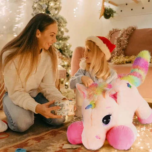 Vista 6 de Tezituor Juguetes de unicornio de peluche de 32 pulgadas, animales de unicornio gigante beige de peluche, encantadoras decoraciones de peluche