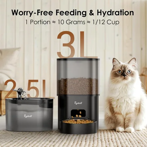 Vista 6 de Rywell - Alimentador automático para gatos y fuente de agua, dispensador de alimentos para mascotas con temporizador WiFi de 3 litros y dispensador