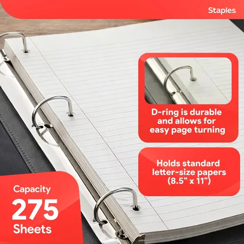 Vista 3 de Carpeta con anillos en forma de "D" de 1 pulgada para mejor visualización Staples, Negro