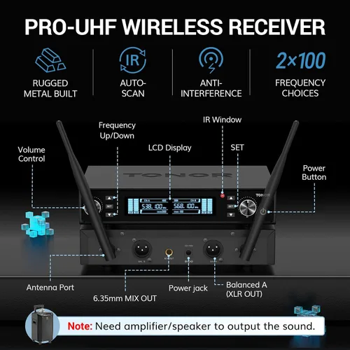 Vista 5 de TONOR Sistema de Micrófono Inalámbrico, Escaneo Automático y Emparejamiento UHF Micrófono de Karaoke Recargable, 2x100 Micrófono Inalámbrico