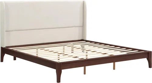Vista 5 de Merax Moderno marco de cama de bambú tamaño King con cabecero tapizado alto Beige+chocolate