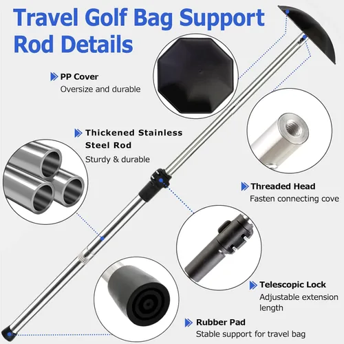 Vista 3 de Soporte para bolsa de viaje de golf, 33 a 60 pulgadas, varilla de soporte telescópica ajustable para aerolíneas rígidas, brazo rígido, protector