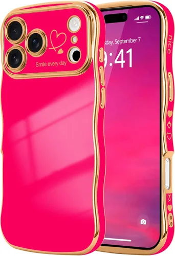 Vista 101 de LCHULLE - Funda para iPhone Air, linda para mujeres y niñas, con forma de onda, color azul bebé Luxury Plating Curly Wavy Frame with Love Heart