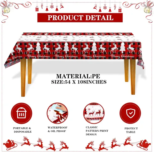 Vista 2 de Mantel de Mesa Feliz Navidad de Plástico a Cuadros Buffalo Mantel Rojo y Negro a Cuadros Copo de Nieve Mantel Rectangular Cubierta de Mesa Navideña