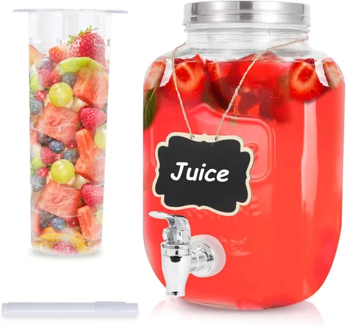 Vista 11 de Dispensadores de bebidas de vidrio de 1 galón para fiestas, juego de 2, dispensador de bebidas con infusor y soporte de frutas, dispensador de jugo