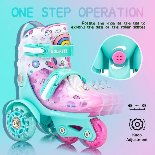 Vista 3 de SULIFEEL Patines ajustables para principiantes con rodilleras de unicornio arcoíris verde y rosa