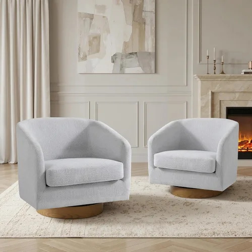 Vista 30 de Silla Giratoria de Acento de Cuero Sintético con Base de Madera, Sillas de Barril Tapizadas Modernas para Sala de Estar, Cómodo Sillón Redondo Sofá