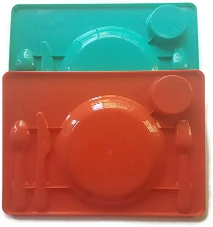 Vista 3 de Multipack - Juego de 2 bandejas de alimentos con compartimentos para niños con cubiertos, color rojo y verde azulado