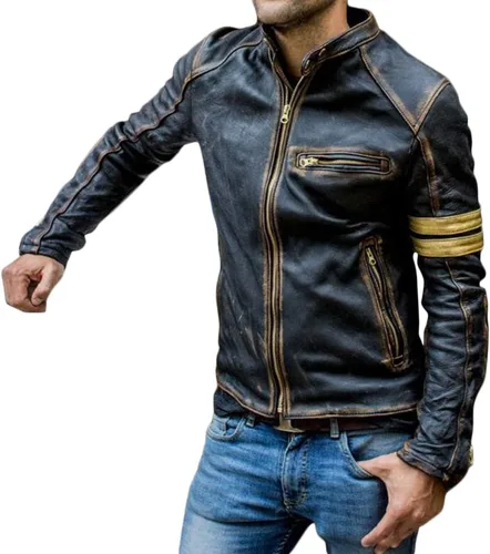 Vista 3 de Chaqueta de cuero negro para hombre - Vintage Biker Cafe Racer Real Lambskin Negro Chaquetas de motocicleta para hombre