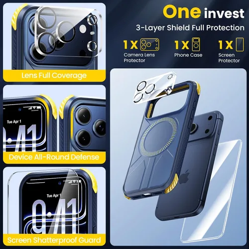 Vista 2 de Funda resistente 3 en 1 para iPhone 17 Pro Max con protector de pantalla y protector de lente de cámara, protección contra caídas de grado militar