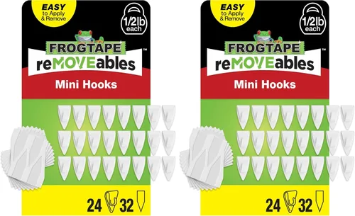 Vista 13 de FrogTape reMOVEables - Mini ganchos adhesivos para colgar, 18 ganchos transparentes y 24 tiras adhesivas, clips de interior sin daños para luces