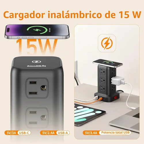 Vista 3 de SMALLRT - Cable de extensión con múltiples tomas, torre de regleta de alimentación con protector de sobretensiones, extensor de salida con 12