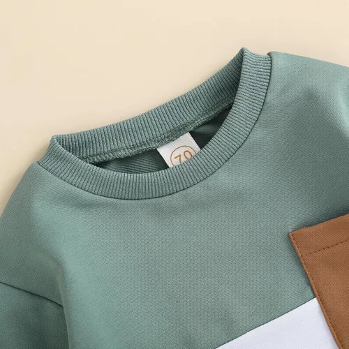 Vista 4 de BeQeuewll Ropa para bebé niño de otoño e invierno, 2 piezas, bloque de color, sudadera y pantalones con cuello redondo