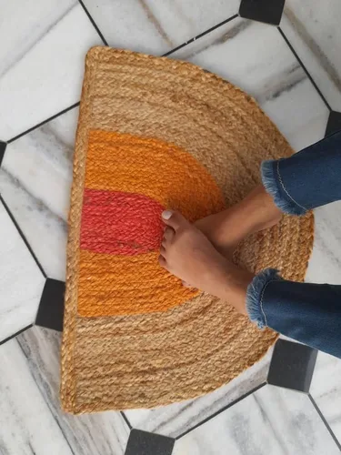 Vista 7 de Jaipur Art & Rugs - Tapete para puerta delantera de yute natural hecho a mano indio, tapete medio redondo, 30 x 50 pulgadas, tapetes para puerta al