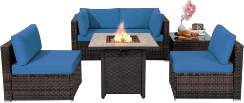 Vista 11 de Tangkula Patiojoy Juego de sofá de ratán para exteriores de 6 piezas con mesa de fuego de gas propano de 30 pulgadas, mesa de cerámica para fuego