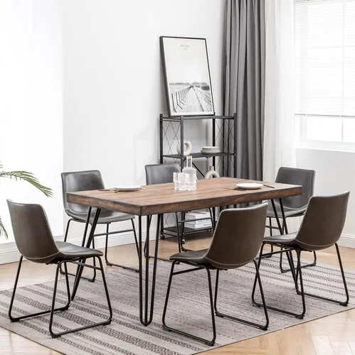 Vista 2 de Roundhill Furniture Aryven - Juego de comedor industrial de 7 piezas con mesa rústica de pino oscuro y 6 sillas de piel sintética, color gris