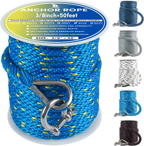 Vista 53 de Cuerda de anclaje premium de 50 pies x 1/2 pulgadas, línea de anclaje trenzada sólida MFP para barco con dedal y grillete - Negro