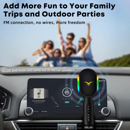 Vista 5 de Micrófono inalámbrico Bluetooth para karaoke, micrófono portátil 5 en 1 con altavoz y luces RGB dinámicas, mini máquina de karaoke para viajes