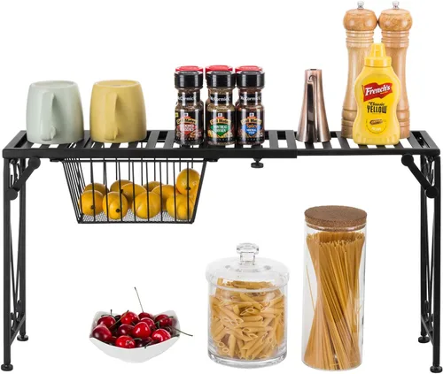 Vista 8 de MyGift Estante para colocar sobre el fregadero con cajón extraíble, estante extensible de metal negro para cocina sobre el fregadero, estante