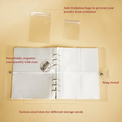 Vista 4 de Libro de almacenamiento de joyas transparente con bolsillos antioxidación álbum organizador Jewlwey de nueva generación rejilla de varios tamaños