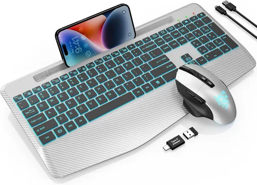 Vista 11 de Teclado y Mouse Inalámbricos con Retroiluminación, Reposamuñecas, Mouse LED, Teclado Ergonómico Recargable con Soporte para Teléfono, Combo