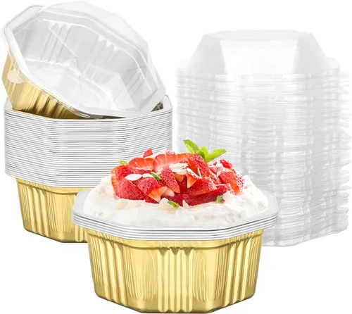 Vista 19 de Beasea Tazas desechables para hornear con tapas, juego de 50 unidades, 13.5 oz 400 ml, ramekins de aluminio con tapa de papel de aluminio, moldes