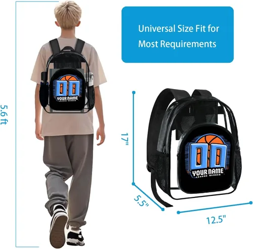 Vista 2 de Mochila transparente para niños y niños, bolsa de baloncesto personalizada de 17 pulgadas para escuela, viajes, gimnasio, Negro -, Grande