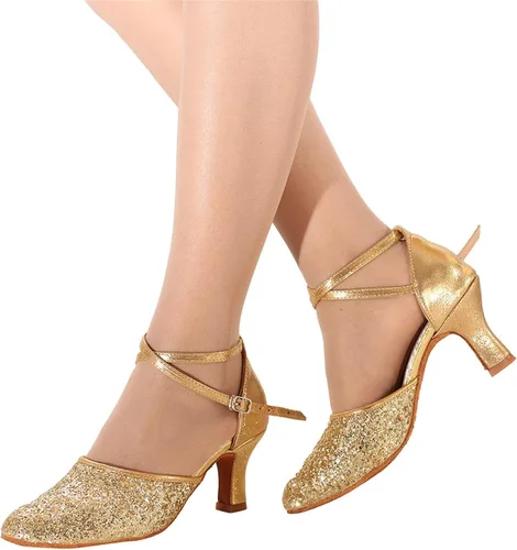 Vista 5 de JHKUNO Tacones puntiagudos cerrados para mujer, plataforma de gamuza, tacón grueso, sandalias de tacón grueso a la moda con correa de tobillo