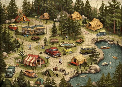 Vista 2 de Rompecabezas Vintage de Campamento en el Bosque para Adultos de 1000 Piezas, Rompecabezas Escénico de Lago al Aire Libre de RV, Rompecabezas