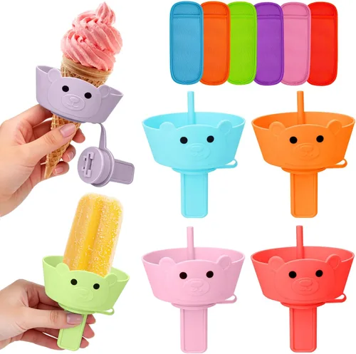 Vista 10 de AIERSA Juego de 12 soportes para paletas y fundas para paletas de hielo para niños, sin goteo, soporte de silicona para paletas con popote y fundas