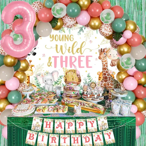 Vista 2 de Decoraciones de cumpleaños Young Wild y Three Birthday Girl – temática de safari en la selva Young Wild y tres telón de fondo para pastel con kit