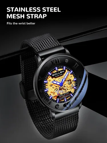 Vista 6 de SOLLEN Reloj automático esqueleto para hombre, reloj automático de esqueleto de doble cara para hombres