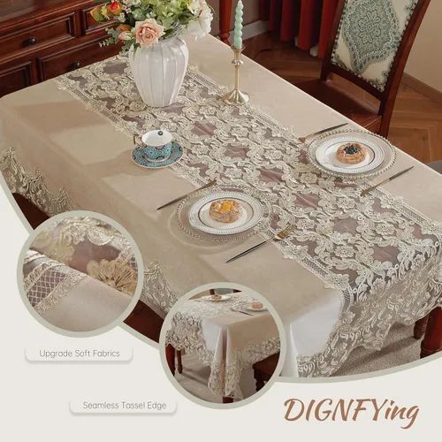 Vista 5 de DIGNFYING - Mantel de terciopelo italiano de encaje, retro, bohemio, rústico, elegante, rectangular, bordado, dorado, para fiesta de Navidad