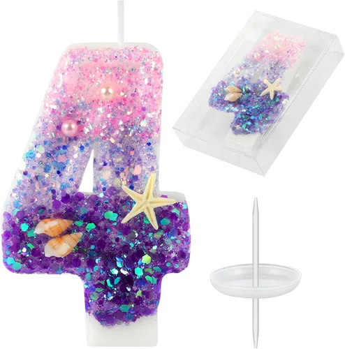 Vista 23 de Velas de cumpleaños, velas rosas y moradas del número 0 decoradas con caracolas, estrellas de mar y perlas para fiesta temática de sirena Morado