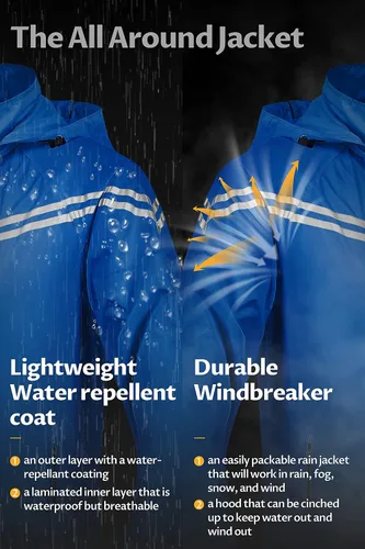 Vista 5 de CREATMO US Abrigos de lluvia impermeables para hombre, chaqueta de ciclismo reflectante con capucha extraíble